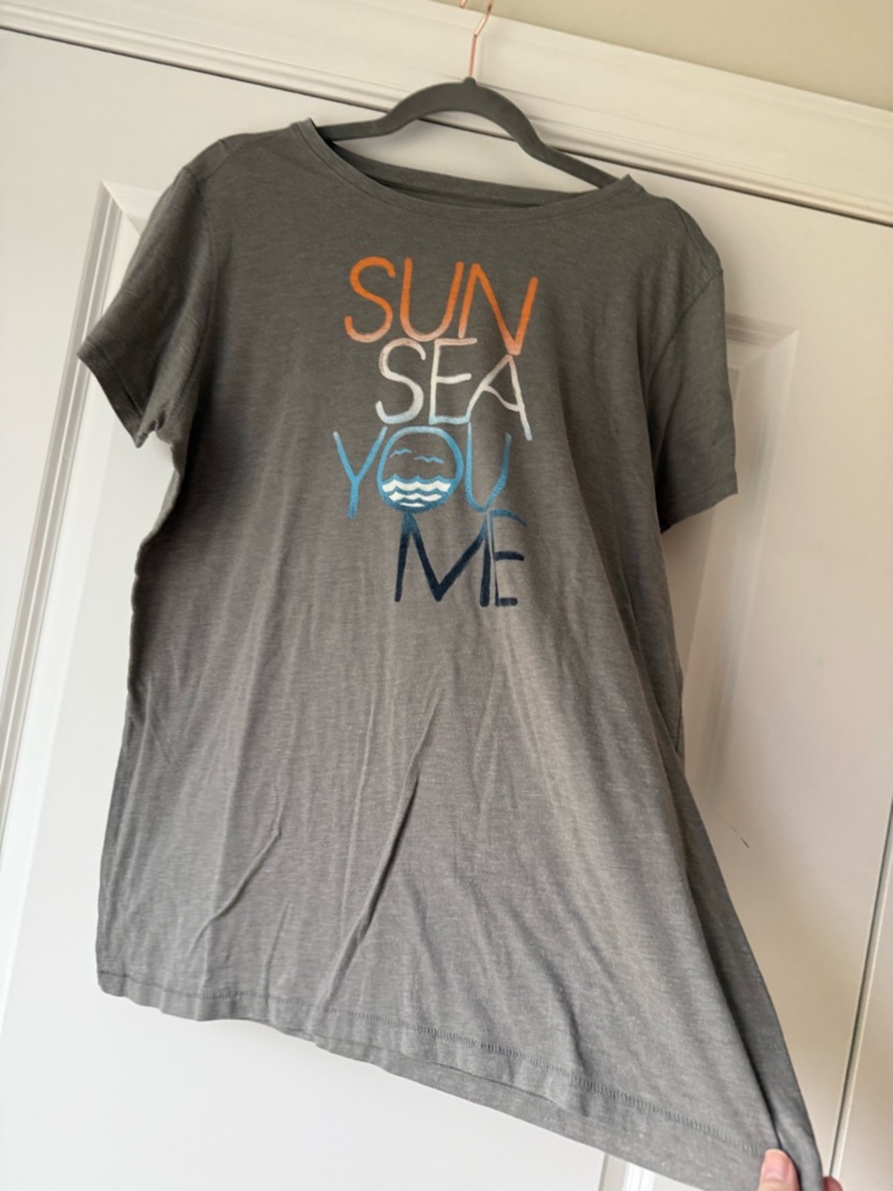 Women’s Life is Good Grey Graphic Tee - “Sun Sea You Me”, size XL